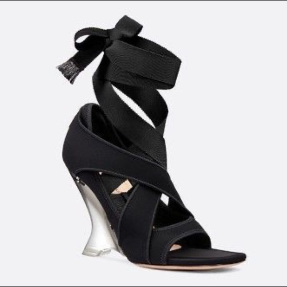 EUC - Black Dior Etoile Lucite Wedge Lace Up Heels - 39